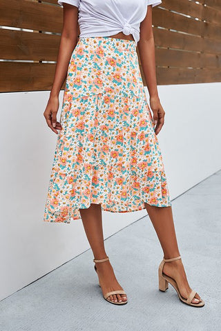 Floral Ruffle Swing Midi Skirt