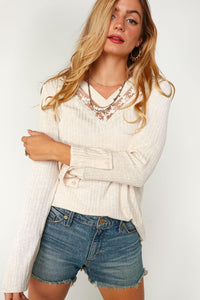 Oatmeal Lace V Neck Sweater