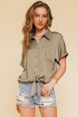 Olive Satin Button Up Top