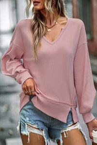Dusty Pink V Neck Waffle Top