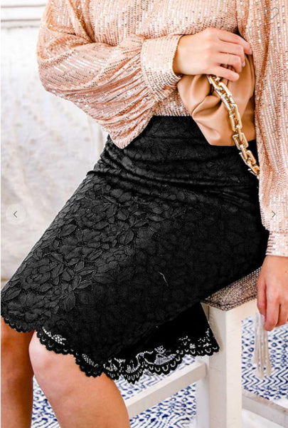 Floral Lace Midi Skirt | Black